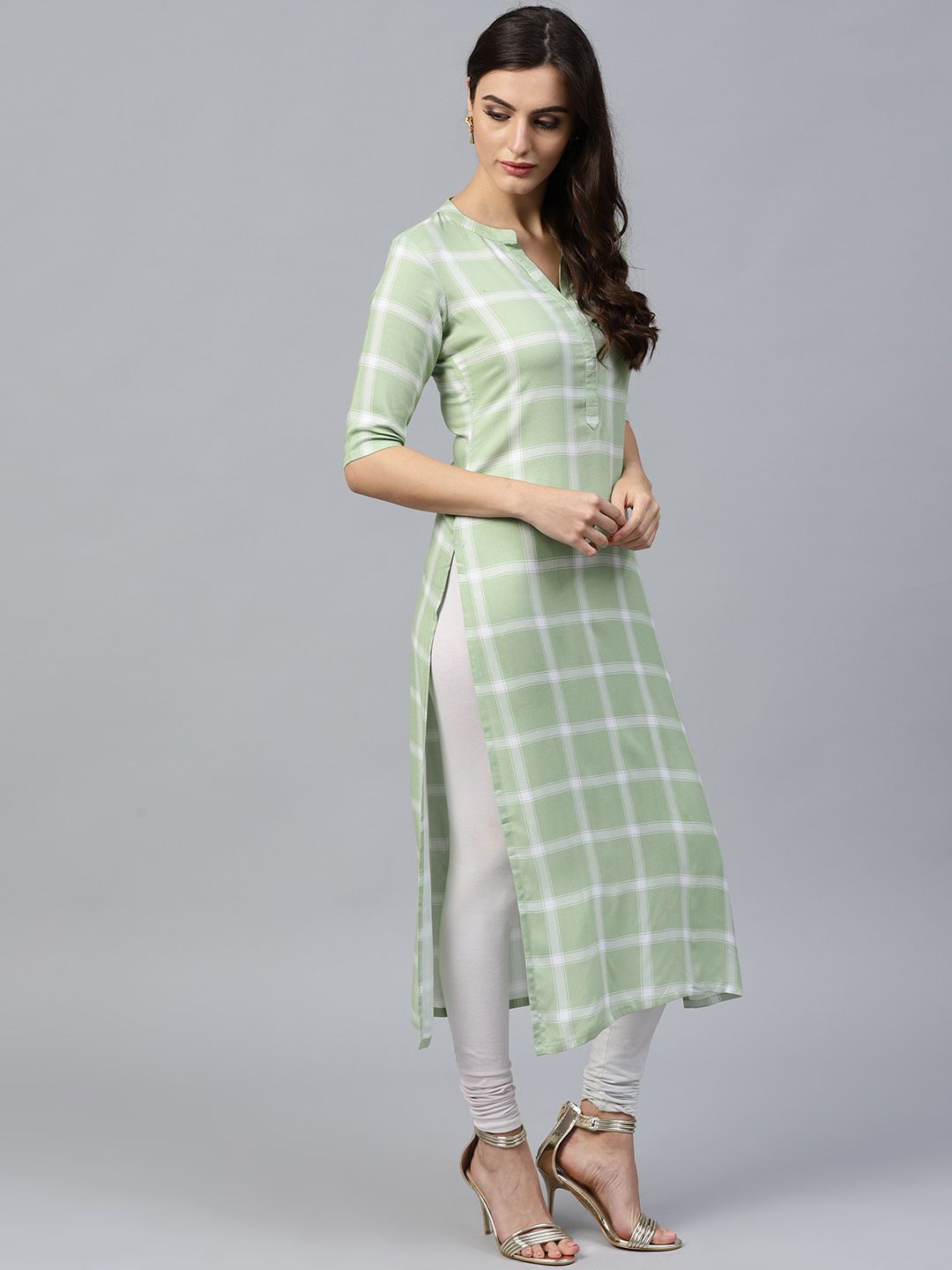 Gerua By Libas Women Green  White Checked Straight Kurta