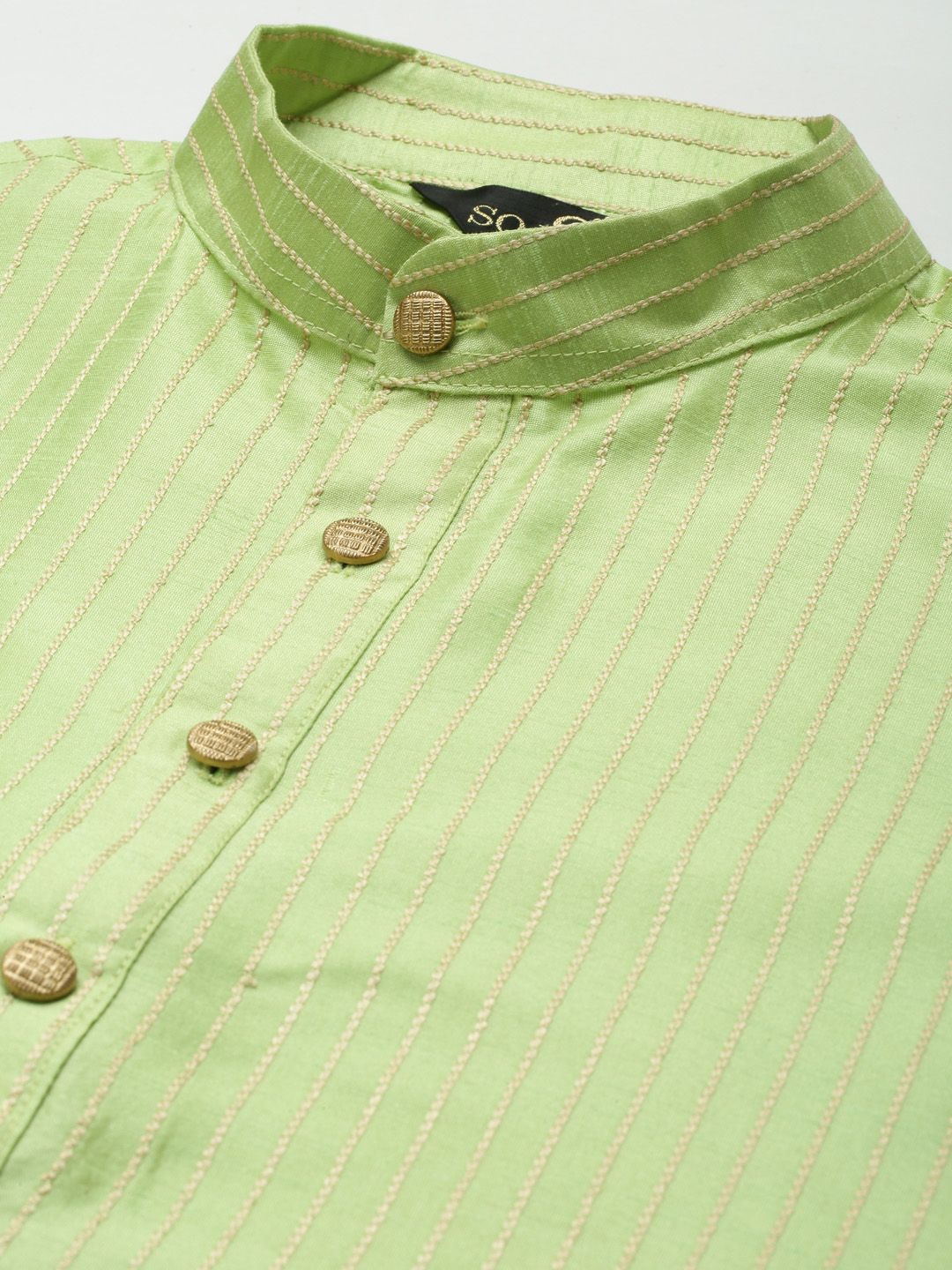 SOJANYA Men Green Striped Kurta with Churidar & Nehru Jacket