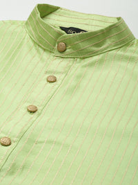 SOJANYA Men Green Striped Kurta with Churidar & Nehru Jacket