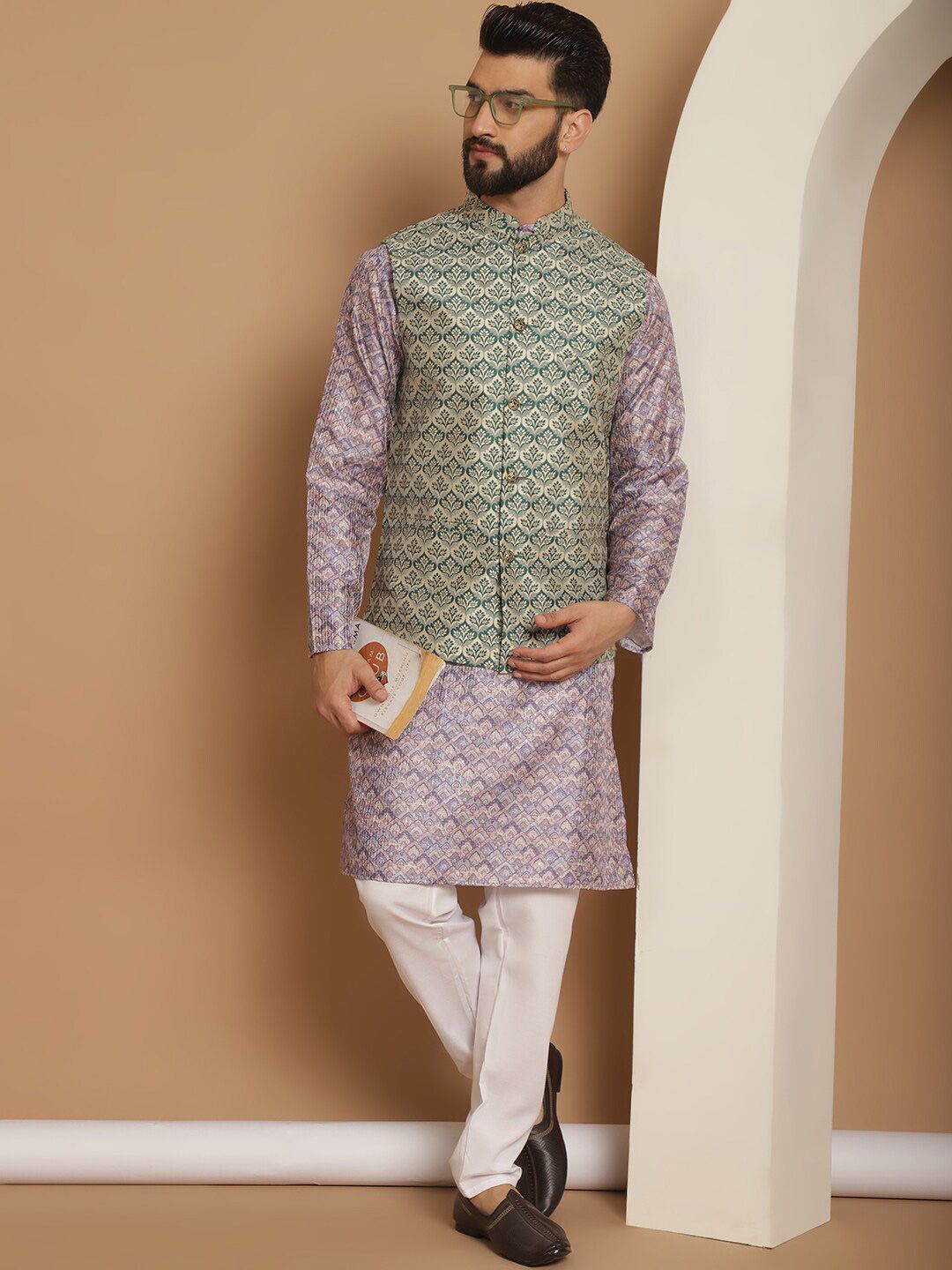 Anouk Striped Regular Jacquard Silk Printed Thread Work Straight Kurta with Churidar