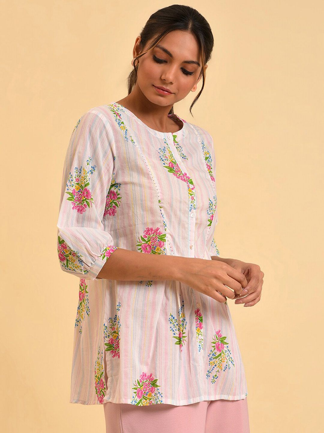 W White Floral Printed Round Neck Cotton Top