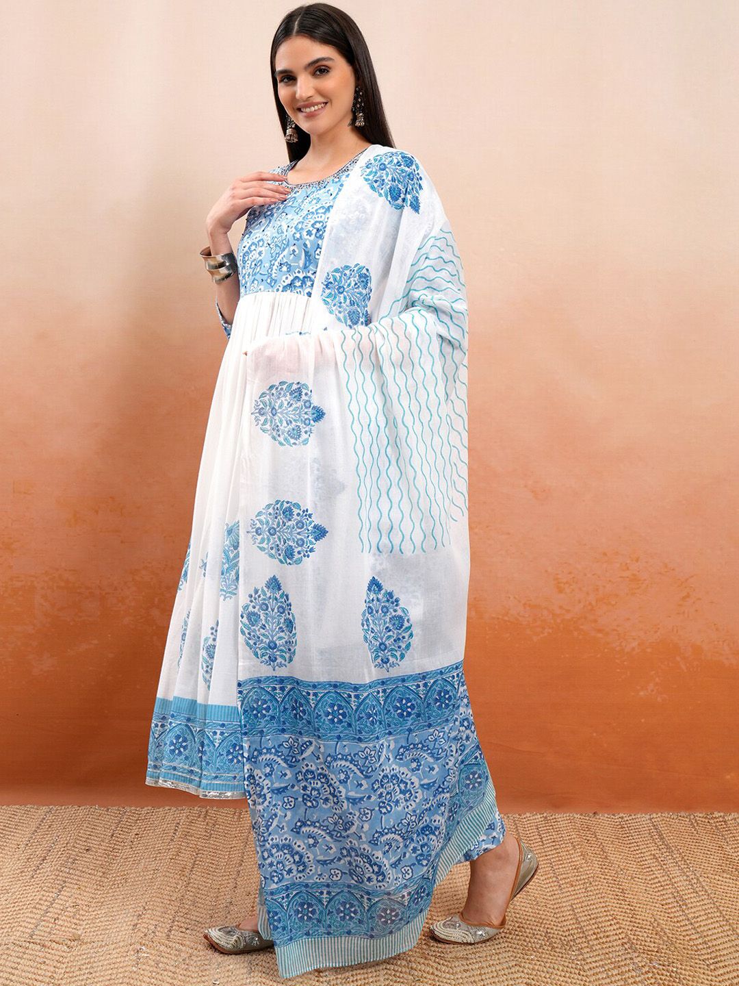 Vishudh White Printed Thread Work Pure Cotton Anarkali Kurta With Trousers & Dupatta