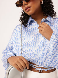 DressBerry Geometricscape Satiny Chic Tie-Up Blouson Shirt Style Crop Top