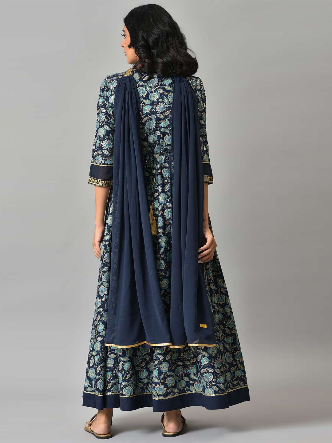 AURELIA Blue Zari Embroidered Floral Printed Choker Maxi Dress