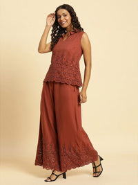 W Schiffli Sleeveless Shirt Collar Top & Palazzos