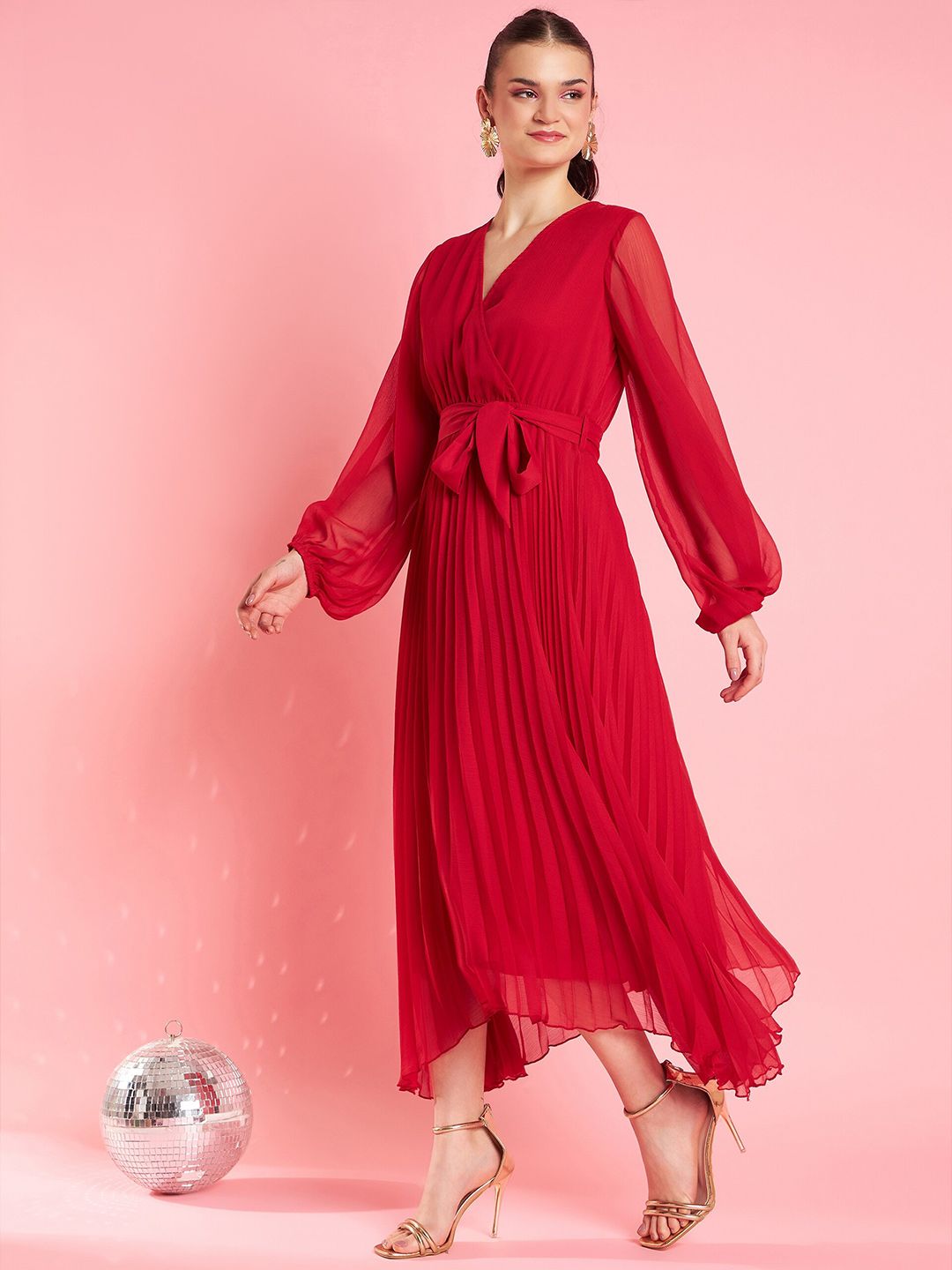 Antheaa Red V-Neck Bishop Sleeves Maxi Opaque Party Dress