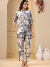 SANSKRUTIHOMES Grey & White Floral Printed Pure Cotton Night Suit
