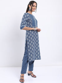 Vishudh Blue Ethnic Motifs Printed Straight Kurta with Trousers With Dupatta