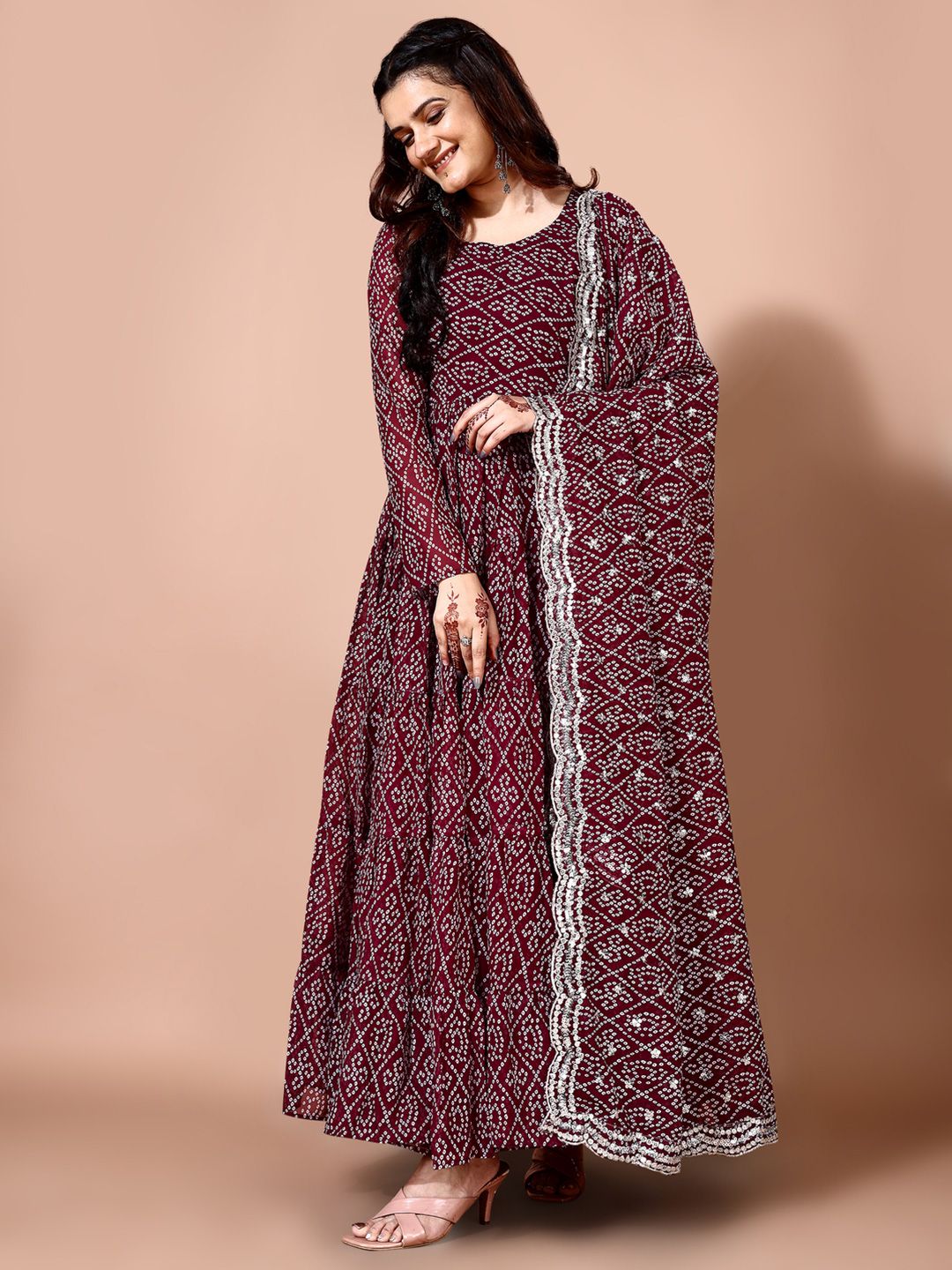 KALINI Bandhani Printed Tiered Anarkali Georgette Kurta With Trouser & Dupatta