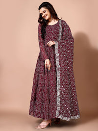 KALINI Bandhani Printed Tiered Anarkali Georgette Kurta With Trouser & Dupatta