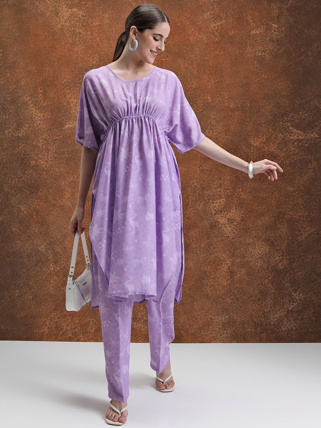 Vishudh Lavender Floral Printed Extended Sleeves Kaftan Tunic With Trousers