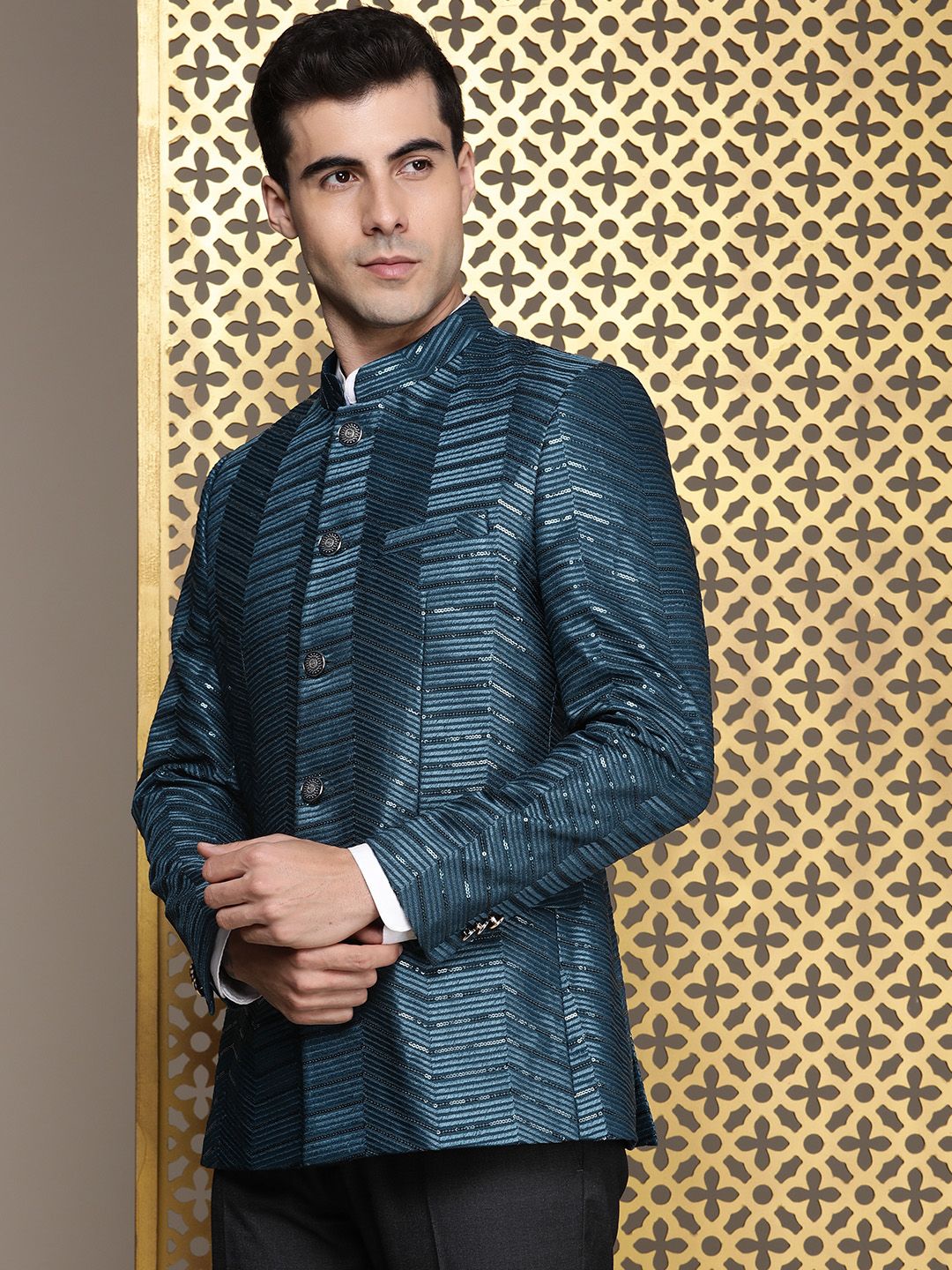 House of Pataudi Jashn Mandarin Collar Textured Sequinned Bandhgala Blazer