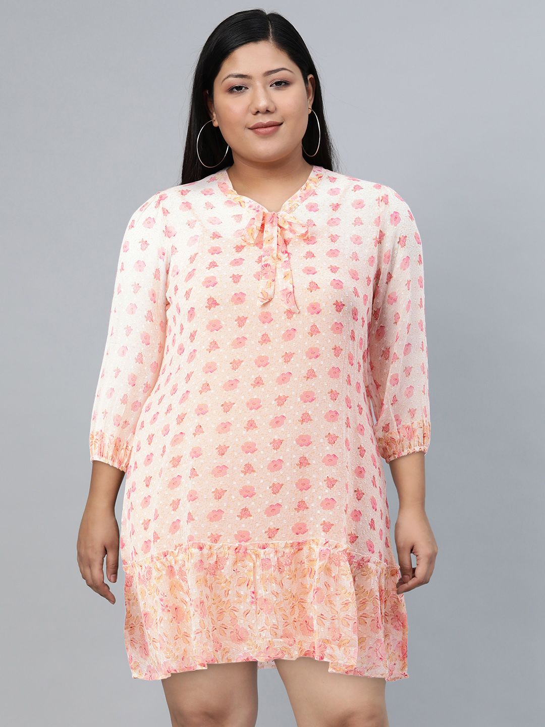 Global Desi Floral Printed Tie-Up Neck A-Line Dress