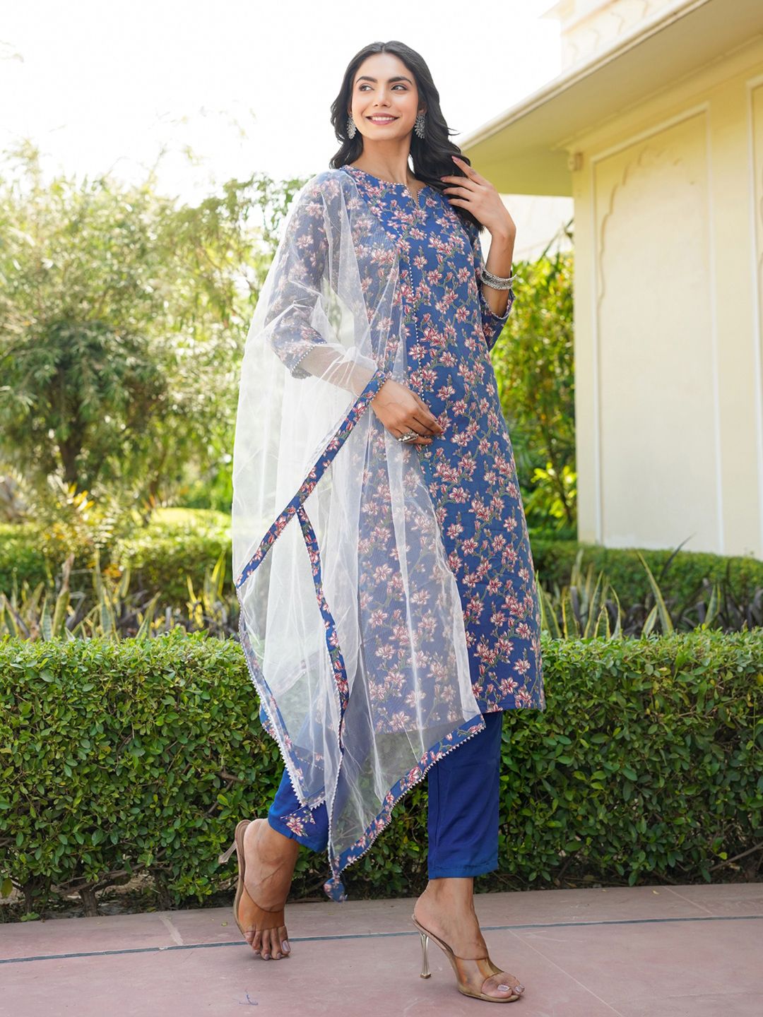 KALINI Floral Printed Gotta Patti Straight Kurta & Trousers With Dupatta