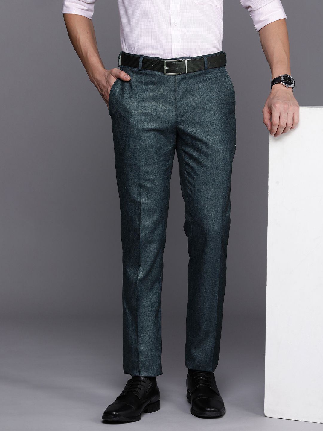 Raymond Men Checked Flat Front Slim Fit Formal Trousers