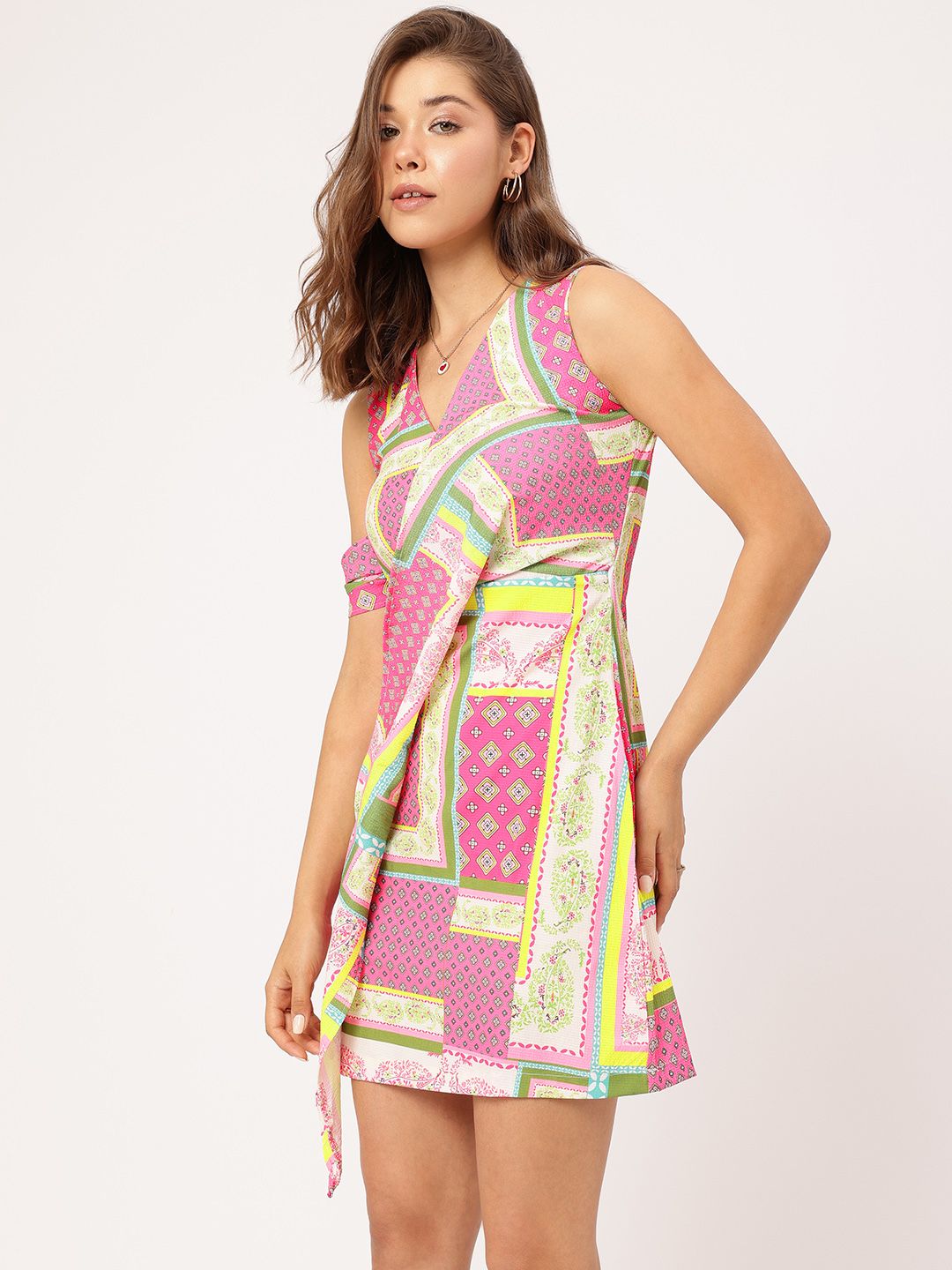 DressBerry Glam & Grit Ethnic Printed Sleeveless Layered & Pleated Wrap Mini Dress