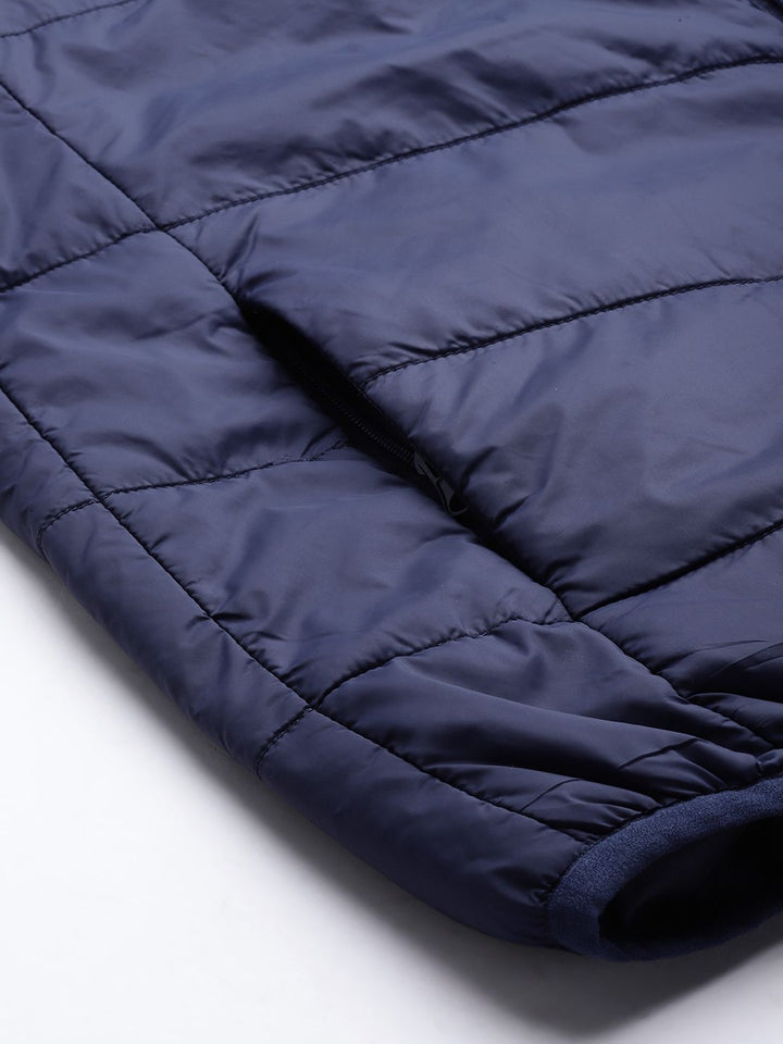 ether Men Navy Blue Solid Padded Jacket