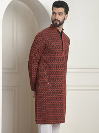 SOJANYA Mandarin Collar Geometric Printed Cotton Thread Work Kurta