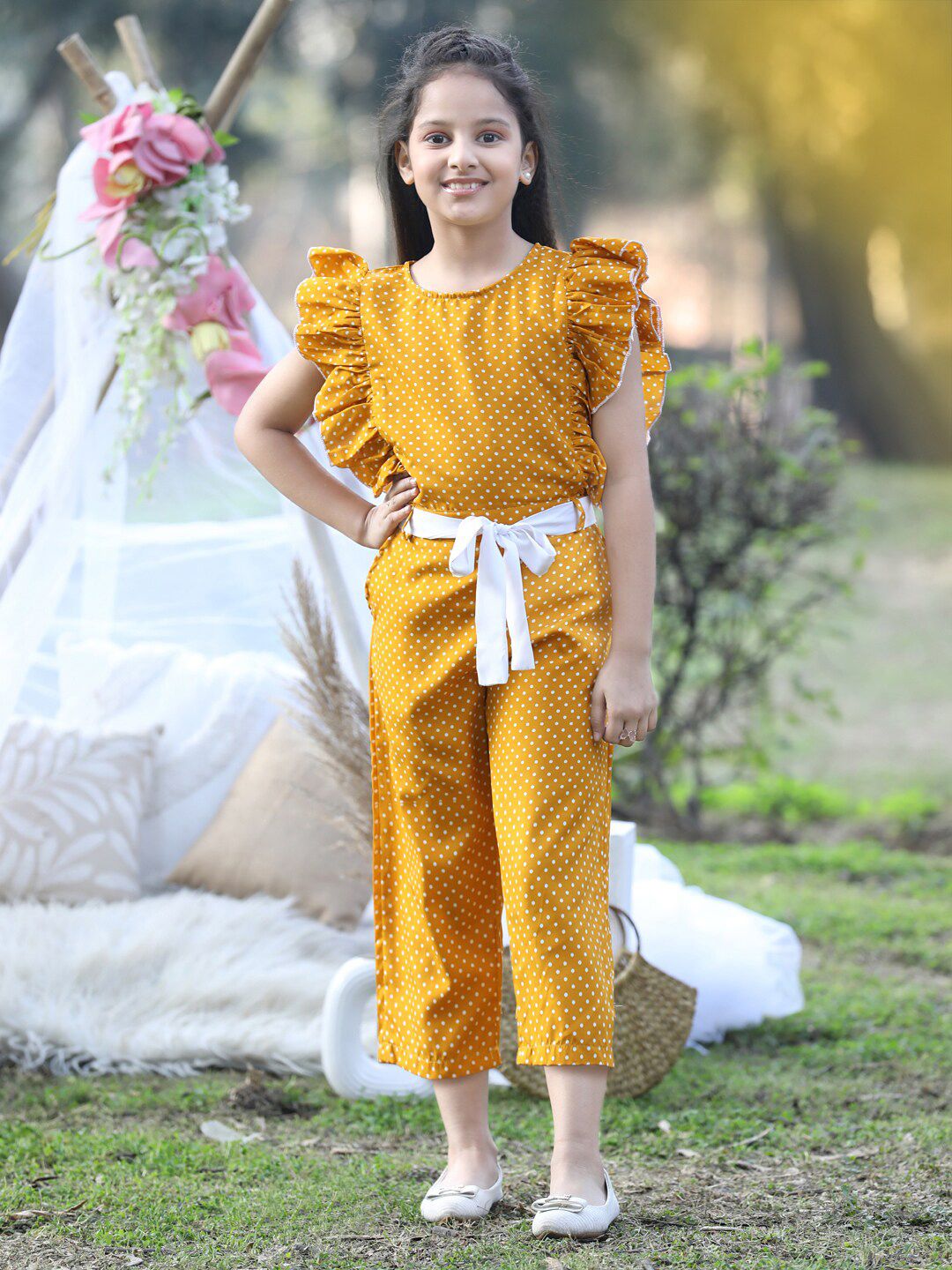 Cutiekins Girls Printed Capri Jumpsuit With Ruffles