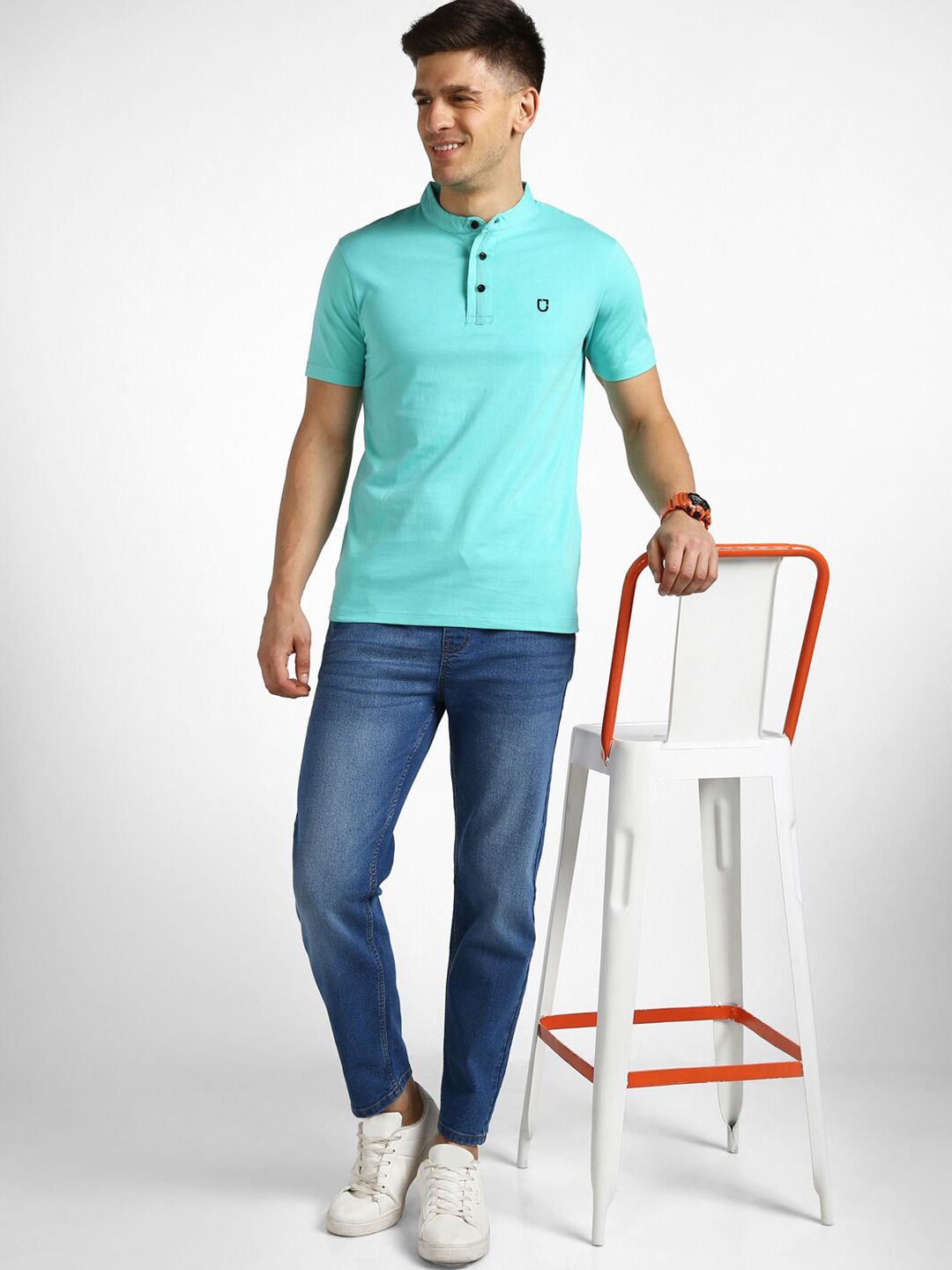 Urbano Fashion Band Collar Pure Cotton Slim Fit T-shirt