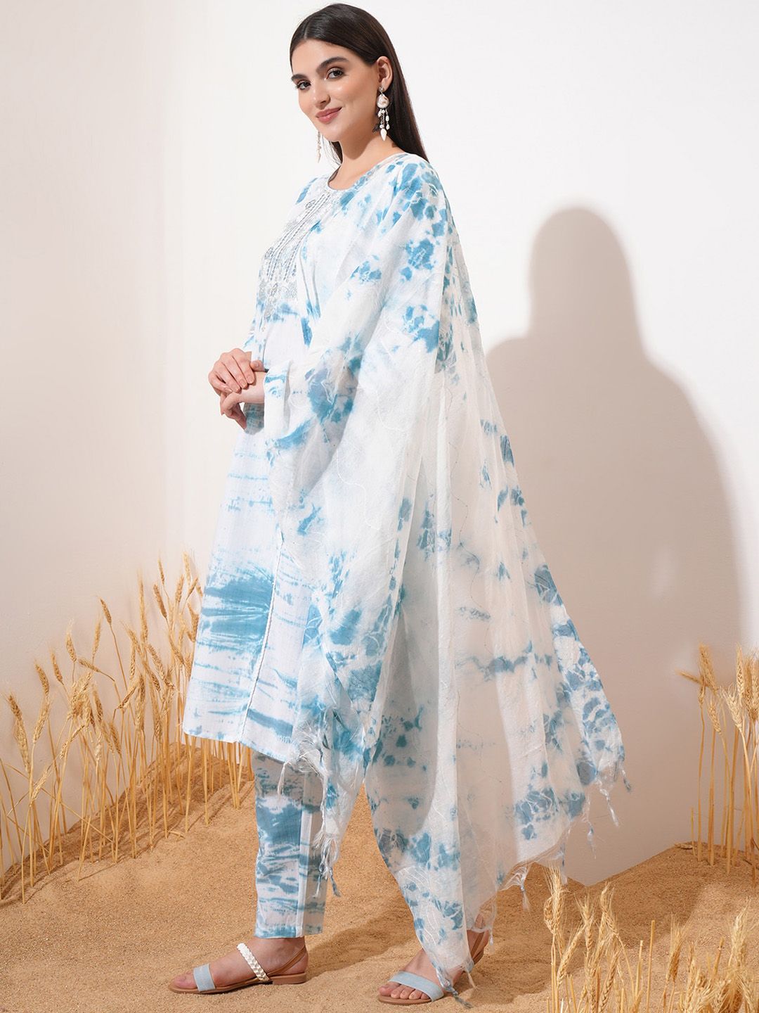 Vishudh Blue Printed Thread Work Pure Cotton Straight Kurta With Trousers & Dupatta