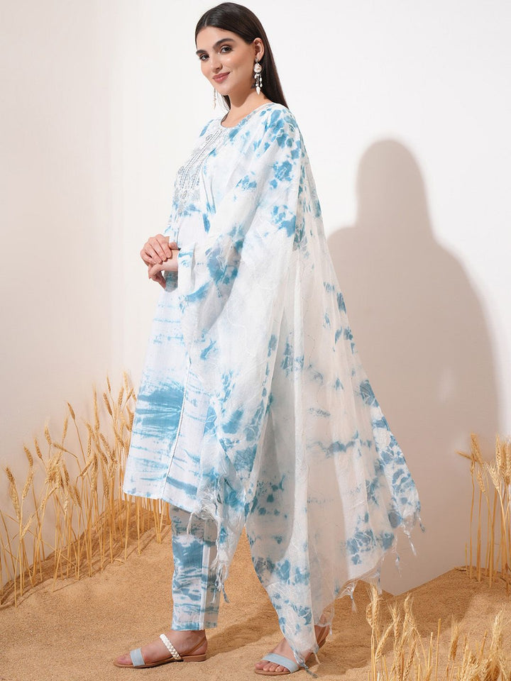 Vishudh Blue Printed Thread Work Pure Cotton Straight Kurta With Trousers & Dupatta