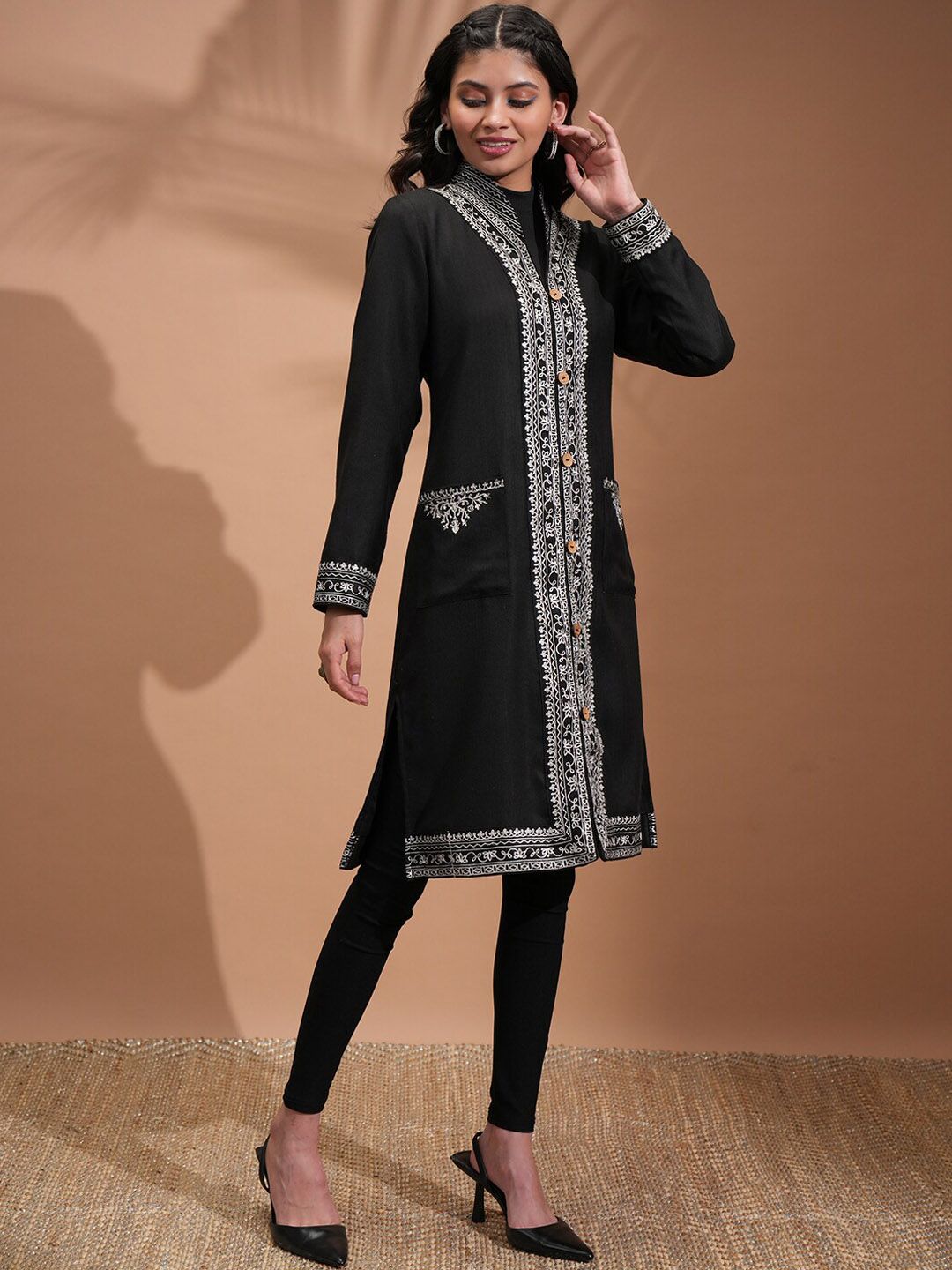 Vishudh Black Floral Embroidered Spread Collar Longline Tailored Jacket