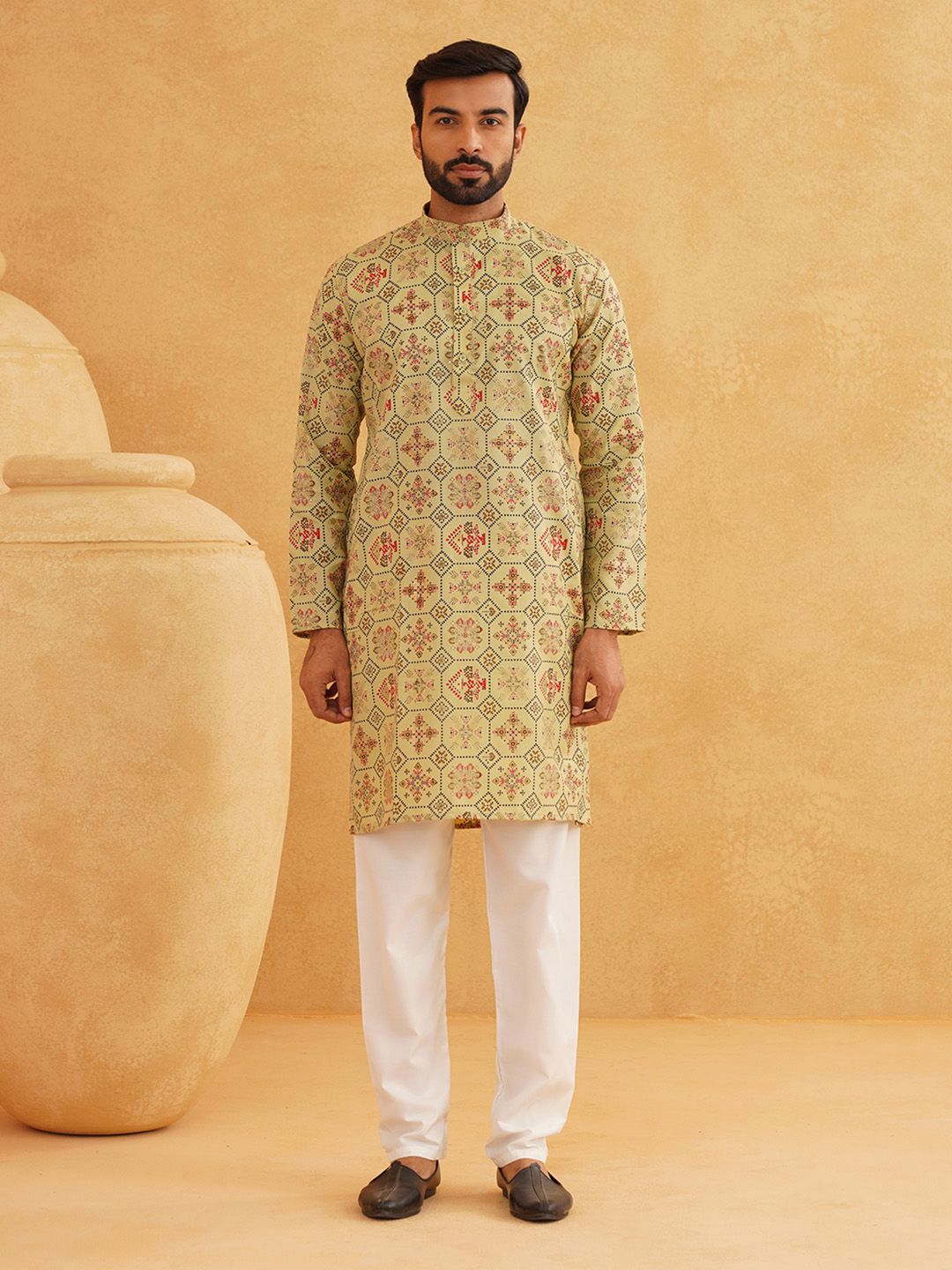 SOJANYA Geometric Printed Band Collar Leher Regular Cotton Straight Kurta