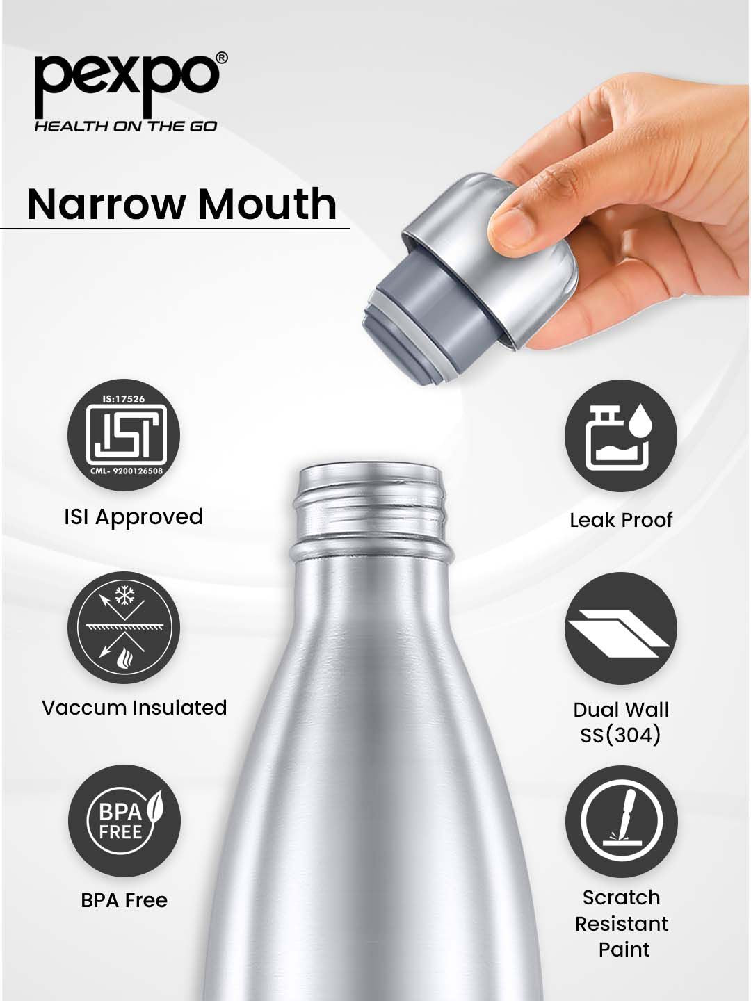 Pexpo Electro Silver-Toned ISI Certified Thermosteel 24 Hrs Flask Water Bottle 1000ml