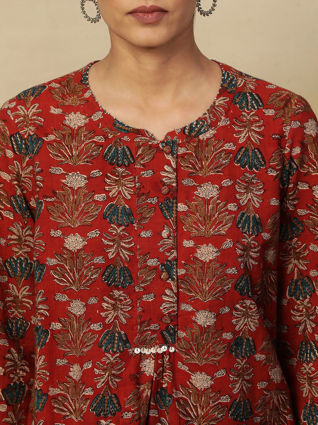 W Red Floral Printed Pure Cotton Straight Kurti