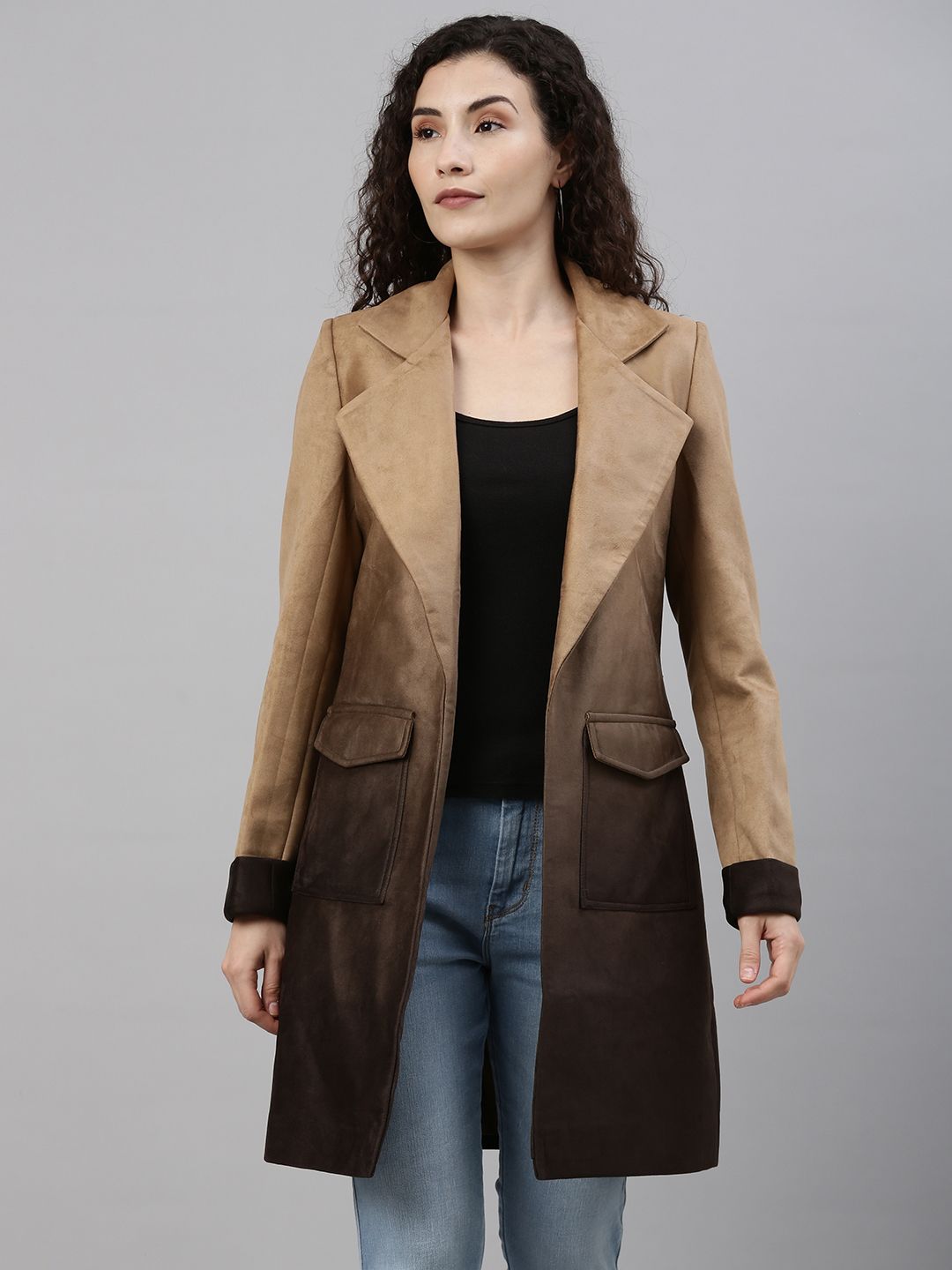 Kampus Sutra Wanita Tan Brown Ombre-Dyed Suede Longline Overcoat