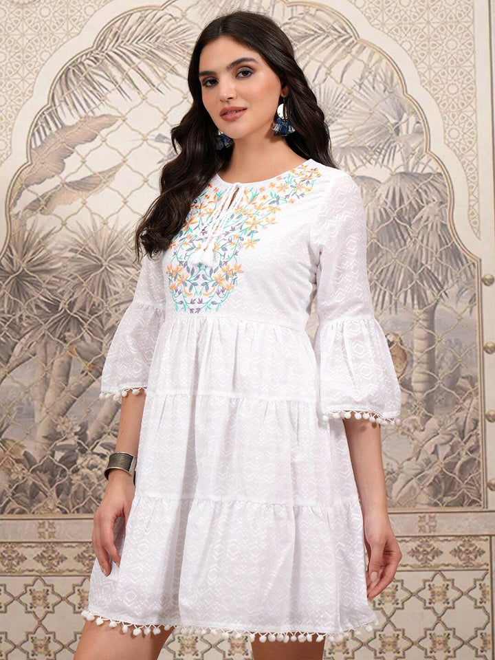 Vishudh Floral Embroidered Tie-Up Neck Cotton Bell Sleeve Fit & Flare Dress