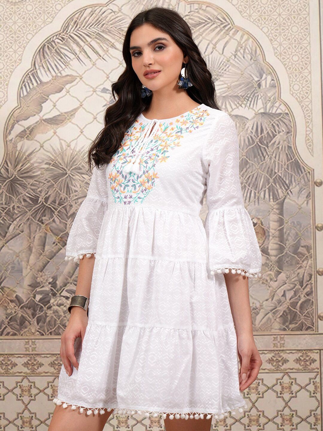 Vishudh Floral Embroidered Tie-Up Neck Cotton Bell Sleeve Fit & Flare Dress