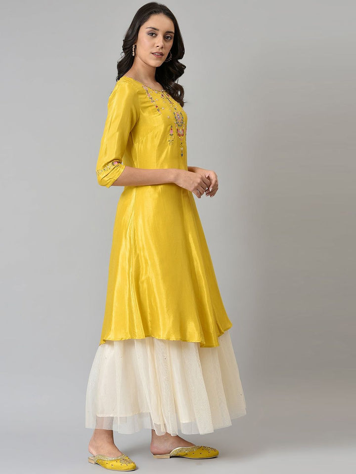 W Women Yellow Embroidered Thread Work Anarkali Kurta