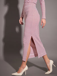 SASSAFRAS Red & White Striped Pencil Midi Skirt