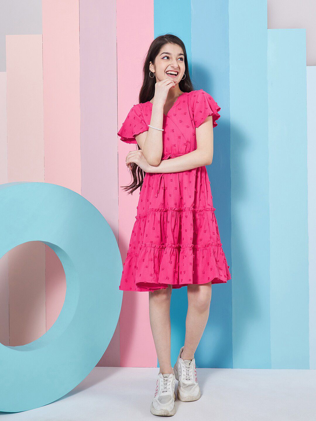 pspeaches Girls Self Design V-Neck Flutter Sleeve Georgette Fit & Flare Dress