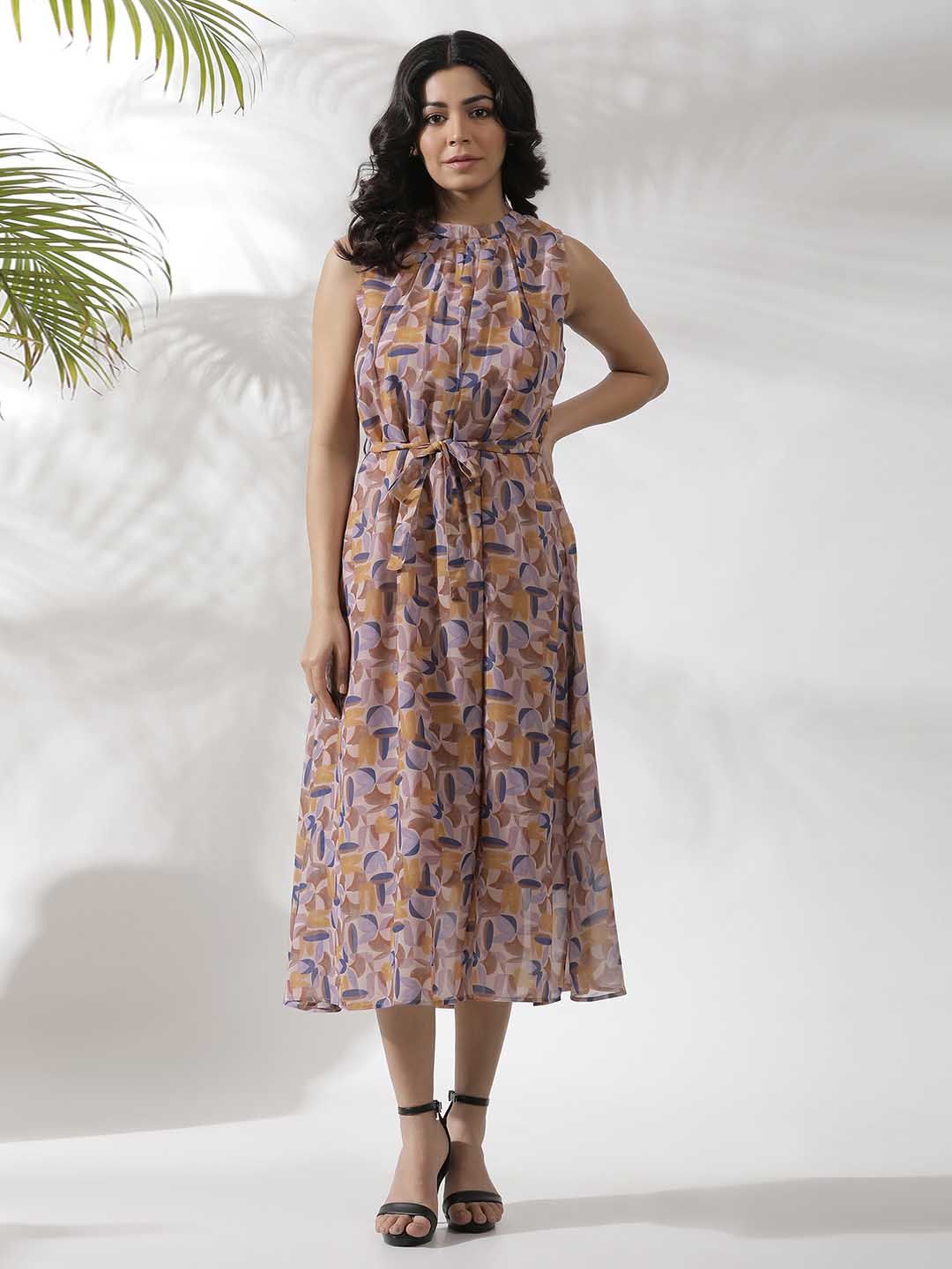 W Abstract Printed Sleeveless A-Line Midi Dress