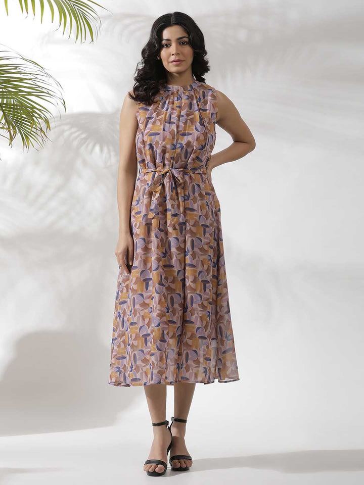 W Abstract Printed Sleeveless A-Line Midi Dress