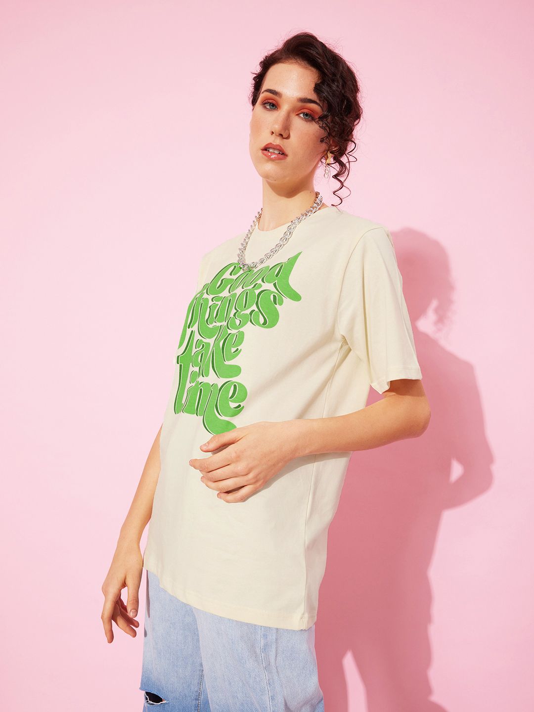 DILLINGER Off White & Green Typography Printed Oversized Pure Cotton Longline T-shirt