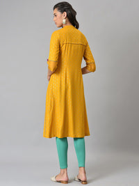 W Women Yellow & Turquoise Blue Floral Printed Thread Work Kurta