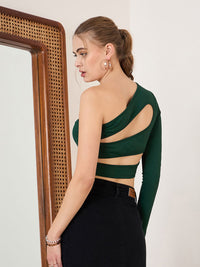 Berrylush Green One Shoulder Cut Out Fitted Crop Top