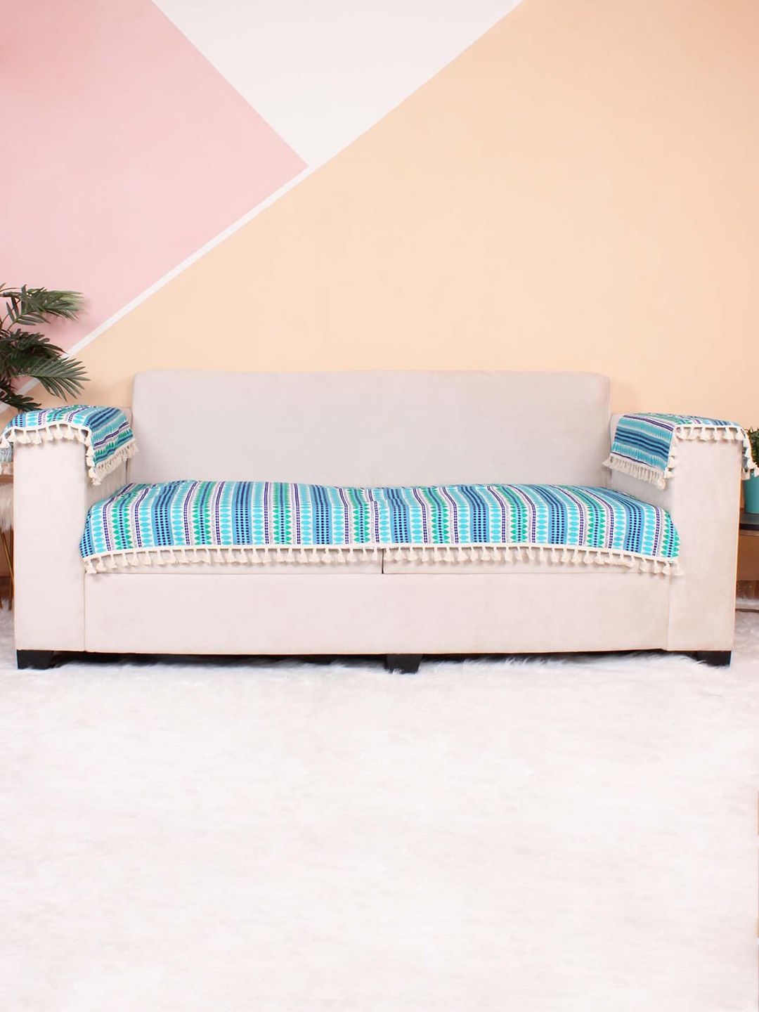 STITCHNEST Blue & White Printed 5-Seater Sofa Cover