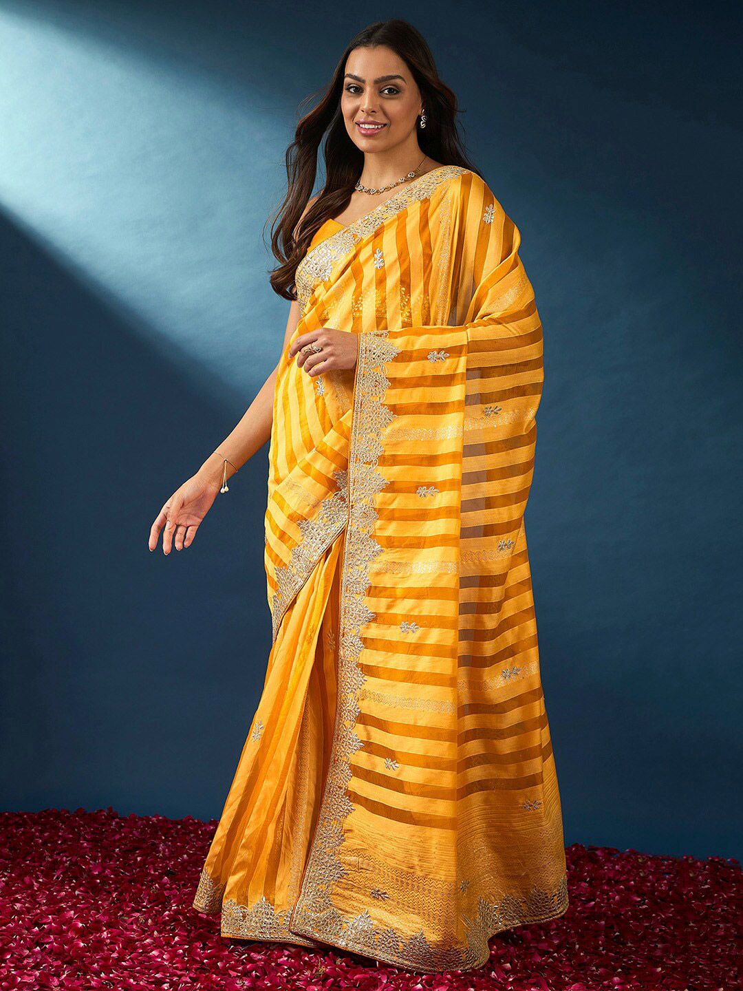 Saree mall Striped Gotta Patti Organza Sarees
