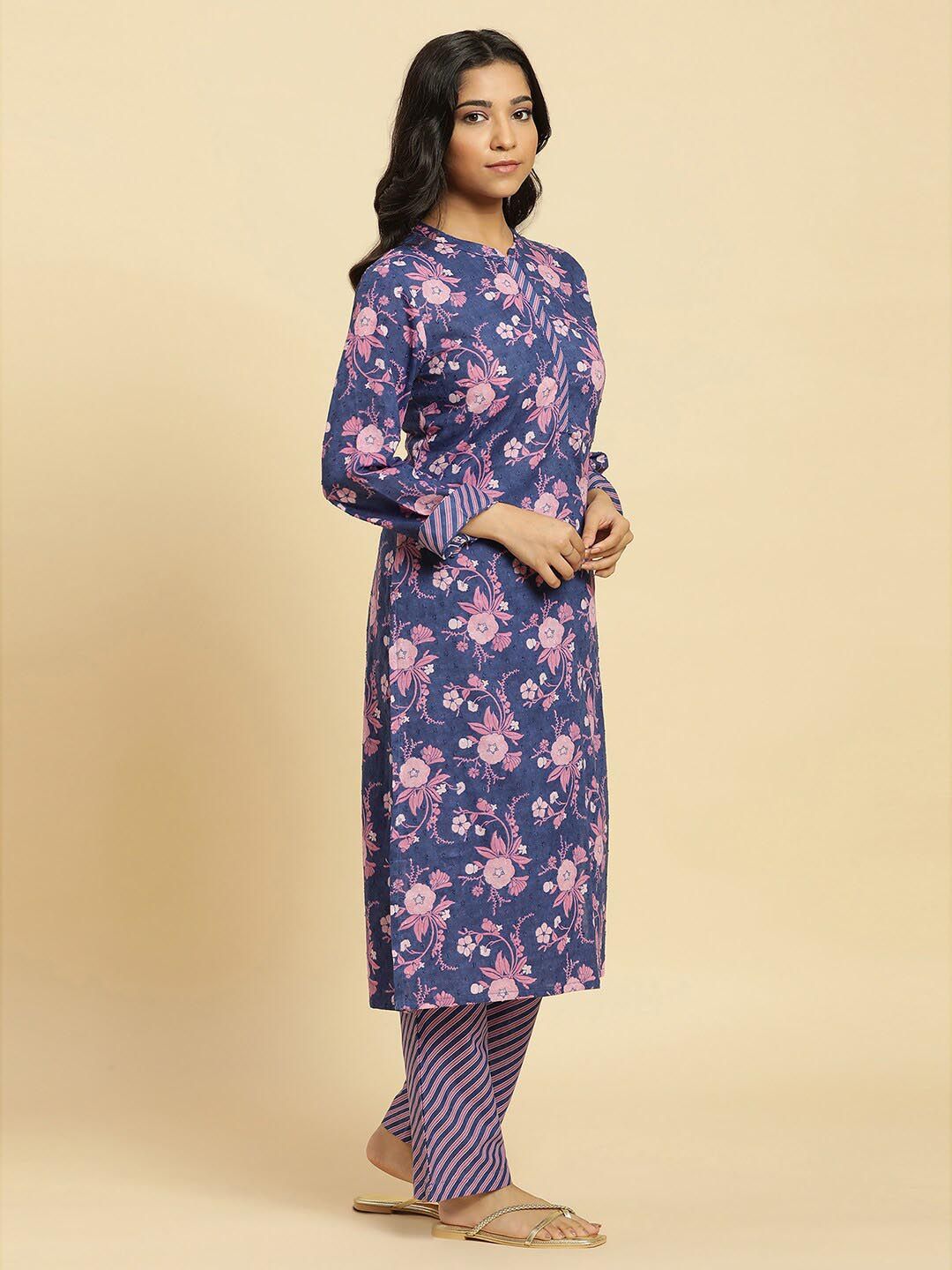 W Floral Printed Straight Pure Cotton Kurta with Trouser
