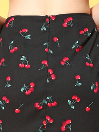 Berrylush Women Black & Red Cherry Print Front Slit Mini Skirt