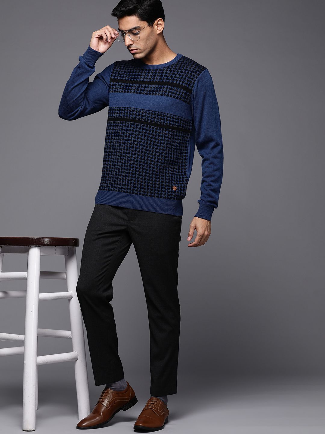 Raymond Men Blue & Black Houndstooth Sweater