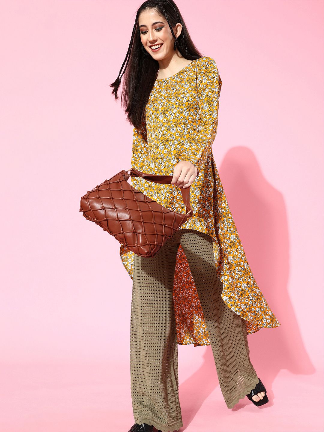 Berrylush Women Stylish Mustard Floral Asymmetrical Top