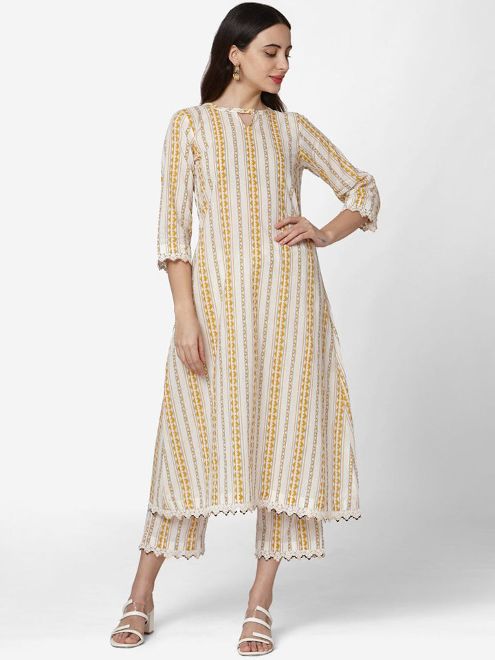 KALINI Geometric Printed Regular Pure Cotton Kurta With Trousers