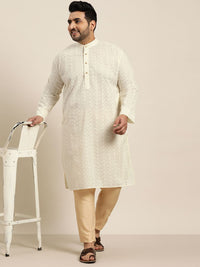 SOJANYA PLUS Lelaki Plus Size Off White Chikankari Sulam Kurta Lurus Kapas Tulen