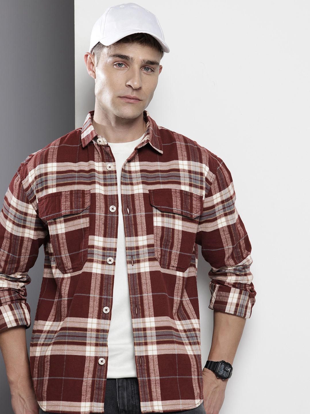 The Indian Garage Co Men Regular Fit Checkered Double Flap Casual Shirt